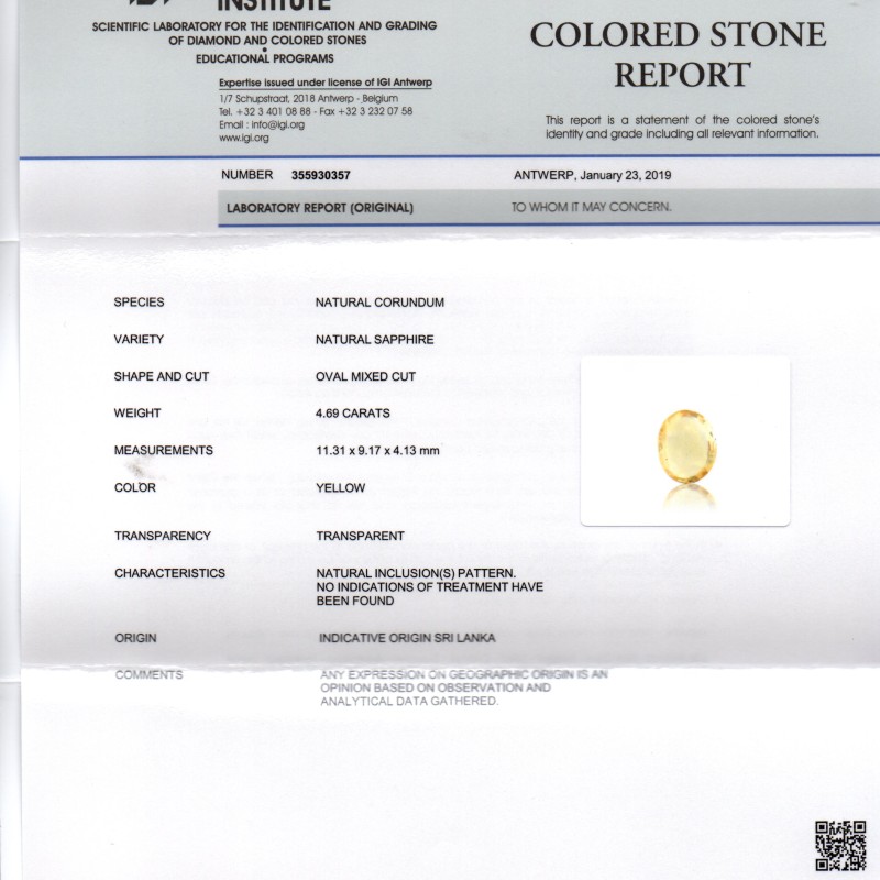 4.69 Ct IGI Certified Unheated Untreated Natural Ceylon Yellow Sapphire