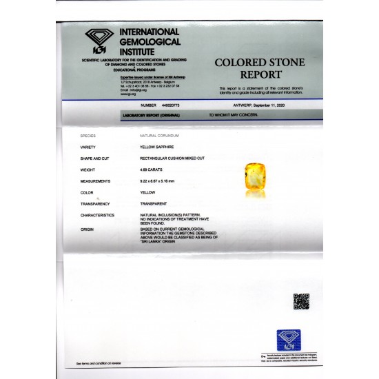 4.69 Ct IGI Certified Unheated Untreated Natural Ceylon Yellow Sapphire AA
