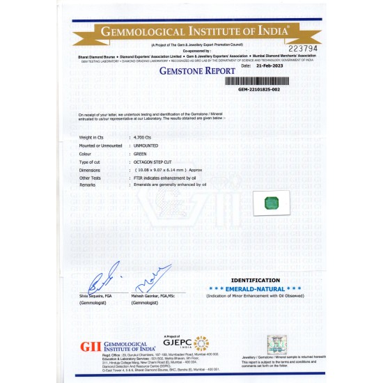 4.70 Ct GII Certified Untreated Natural Zambian Emerald Gemstone Panna AA