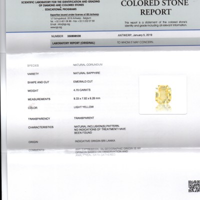 4.70 Ct IGI Certified Unheated Untreated Natural Ceylon Yellow Sapphire AAA