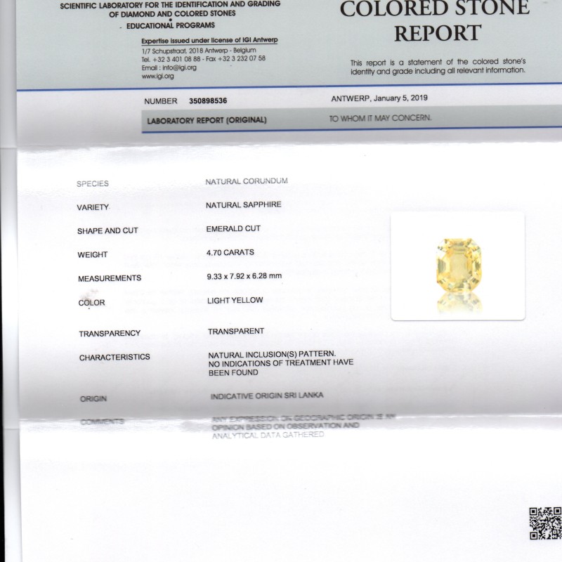 4.70 Ct IGI Certified Unheated Untreated Natural Ceylon Yellow Sapphire AAA