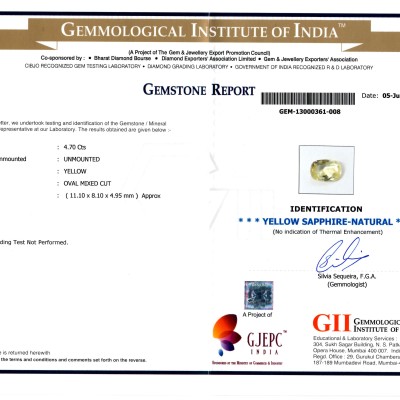 4.70 Ct Certified Unheated Natural Ceylon Yellow Sapphire/Pukhraj A++