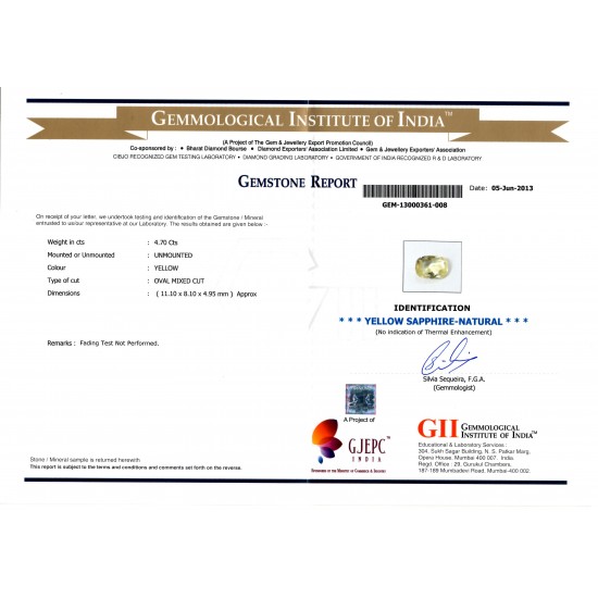 4.70 Ct Certified Unheated Natural Ceylon Yellow Sapphire/Pukhraj A++