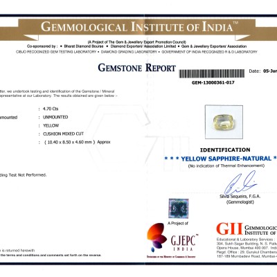 4.70 Ct GII Certified Unheated Natural Ceylon Yellow Sapphire/Pukhraj
