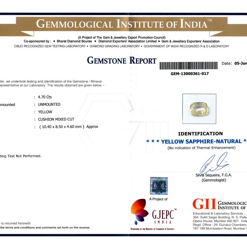 4.70 Ct GII Certified Unheated Natural Ceylon Yellow Sapphire/Pukhraj