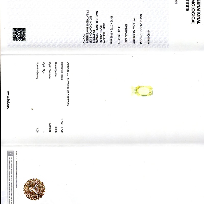 4.73 Ct IGI Certified Unheated Untreated Natural Ceylon Yellow Sapphire