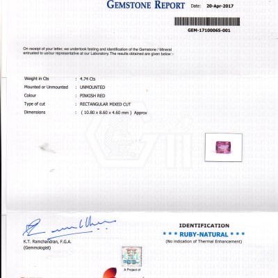 4.74 Ct Certified Unheated Untreated Natural Madagaskar Ruby AA 4.74 Ct Certified Unheated Untreated Natural Madagaskar Ruby AA