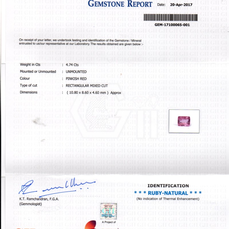 4.74 Ct Certified Unheated Untreated Natural Madagaskar Ruby AA 4.74 Ct Certified Unheated Untreated Natural Madagaskar Ruby AA