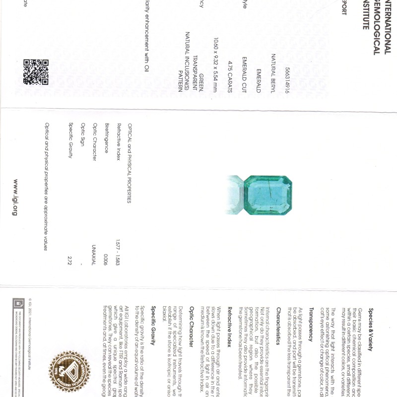 4.75 Ct IGI Certified Untreated Natural Zambian Emerald Gemstone Panna AA