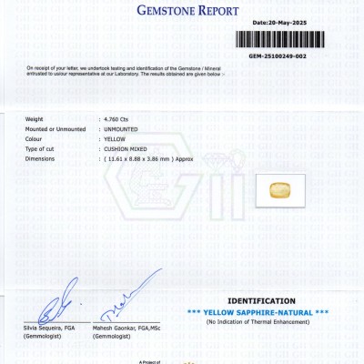 4.76 Ct GII Certified Unheated Untreated Natural Ceylon Yellow Sapphire 4.76 Ct GII Certified Unheated Untreated Natural Ceylon Yellow Sapphire