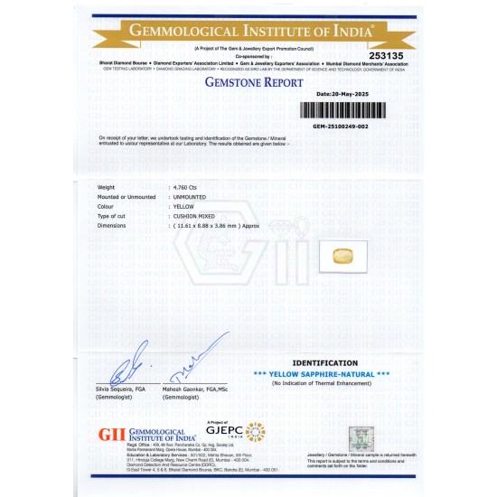 4.76 Ct GII Certified Unheated Untreated Natural Ceylon Yellow Sapphire 4.76 Ct GII Certified Unheated Untreated Natural Ceylon Yellow Sapphire