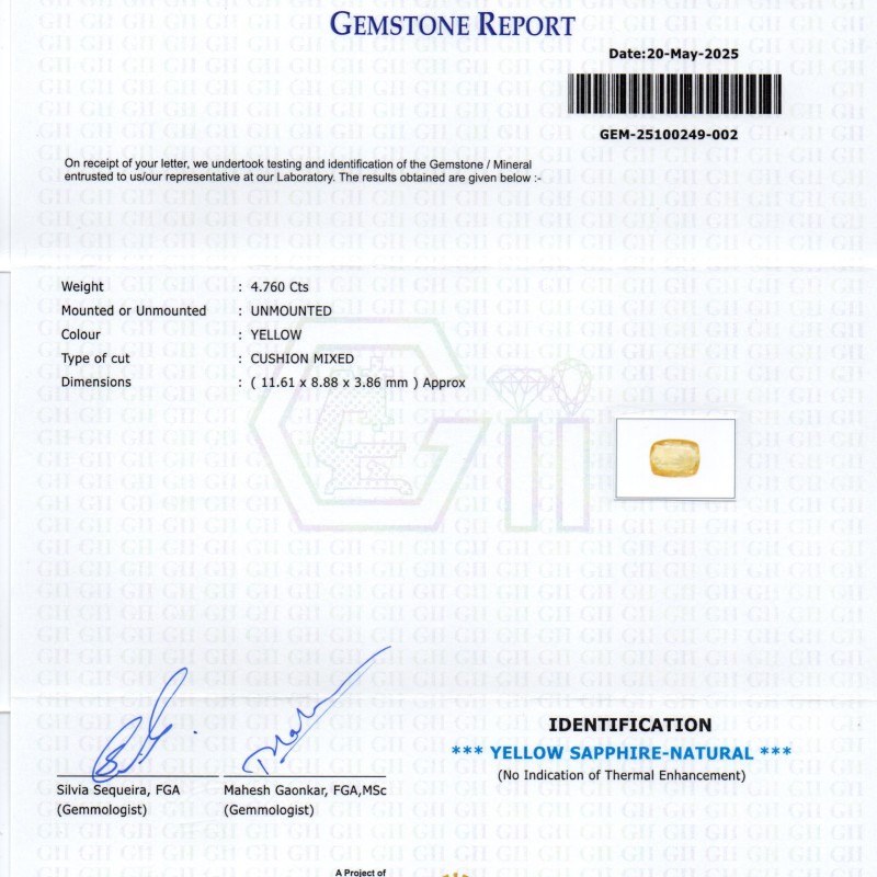4.76 Ct GII Certified Unheated Untreated Natural Ceylon Yellow Sapphire 4.76 Ct GII Certified Unheated Untreated Natural Ceylon Yellow Sapphire