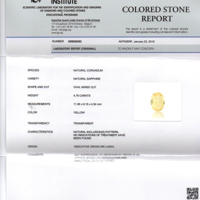 4.76 Ct IGI Certified Unheated Untreated Natural Ceylon Yellow Sapphire 4.76 Ct IGI Certified Unheated Untreated Natural Ceylon Yellow Sapphire