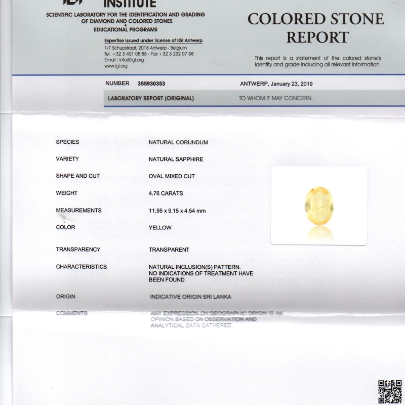 4.76 Ct IGI Certified Unheated Untreated Natural Ceylon Yellow Sapphire 4.76 Ct IGI Certified Unheated Untreated Natural Ceylon Yellow Sapphire
