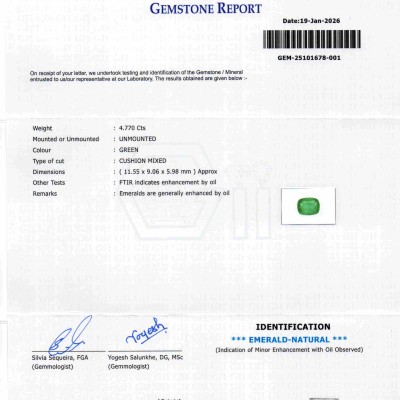 4.77 Ct GII Certified Untreated Natural Zambian Emerald Gemstone Panna AAA