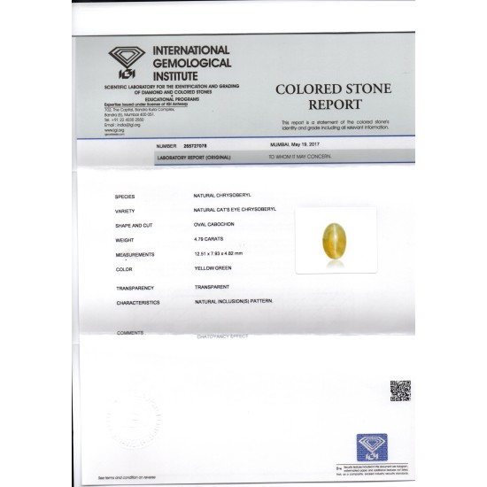 4.79 Ct IGI Certified Untreated Natural Ceylon Chrysoberyl Cats Eye Stone