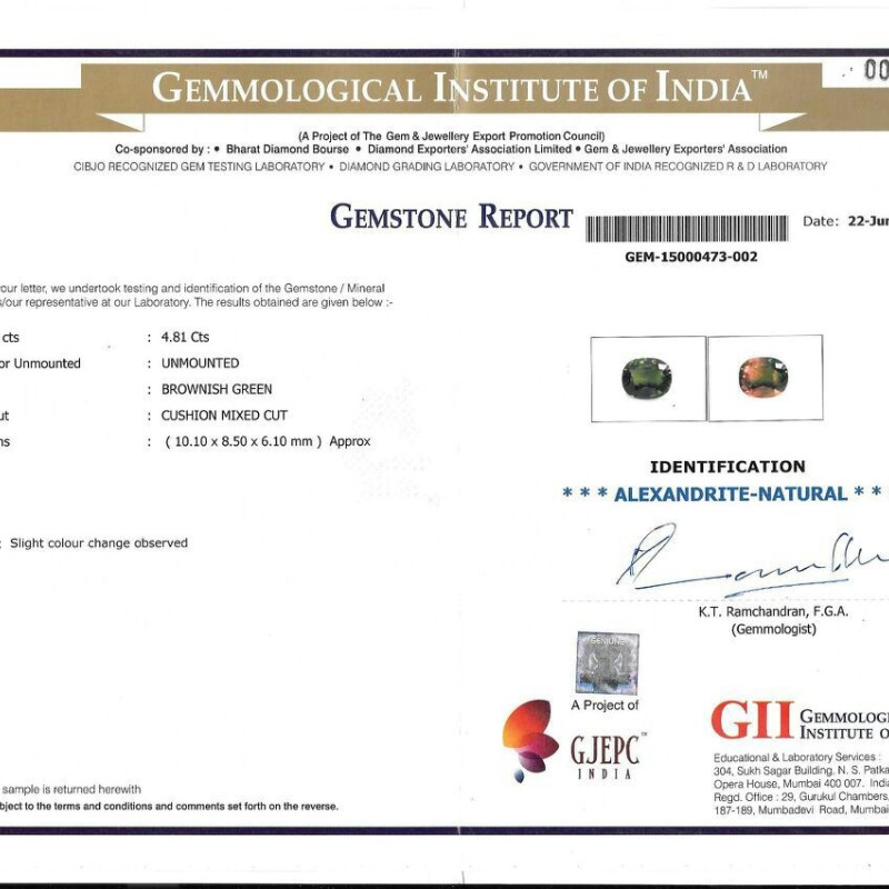 4.81 Ct Untreated Natural Certified Colour Changing Alexandrite