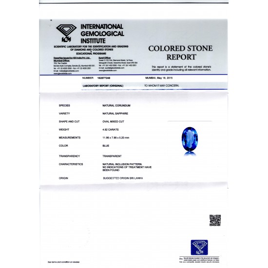 4.82 Ct Unheated Untreated Natural Ceylon Blue Sapphire Neelam AAA