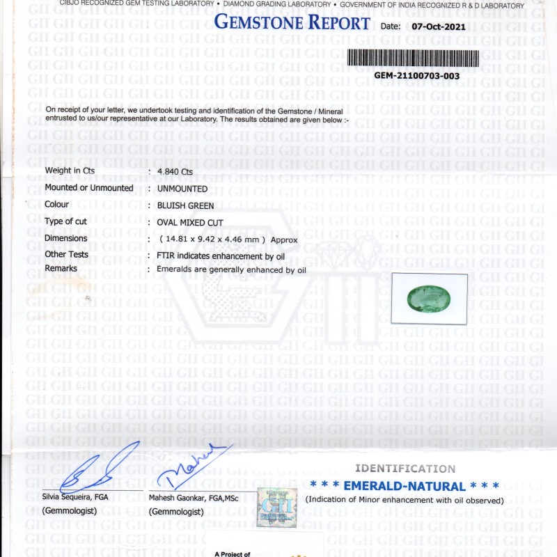 4.84 Ct GII Certified Untreated Natural Zambian Emerald Gemstones