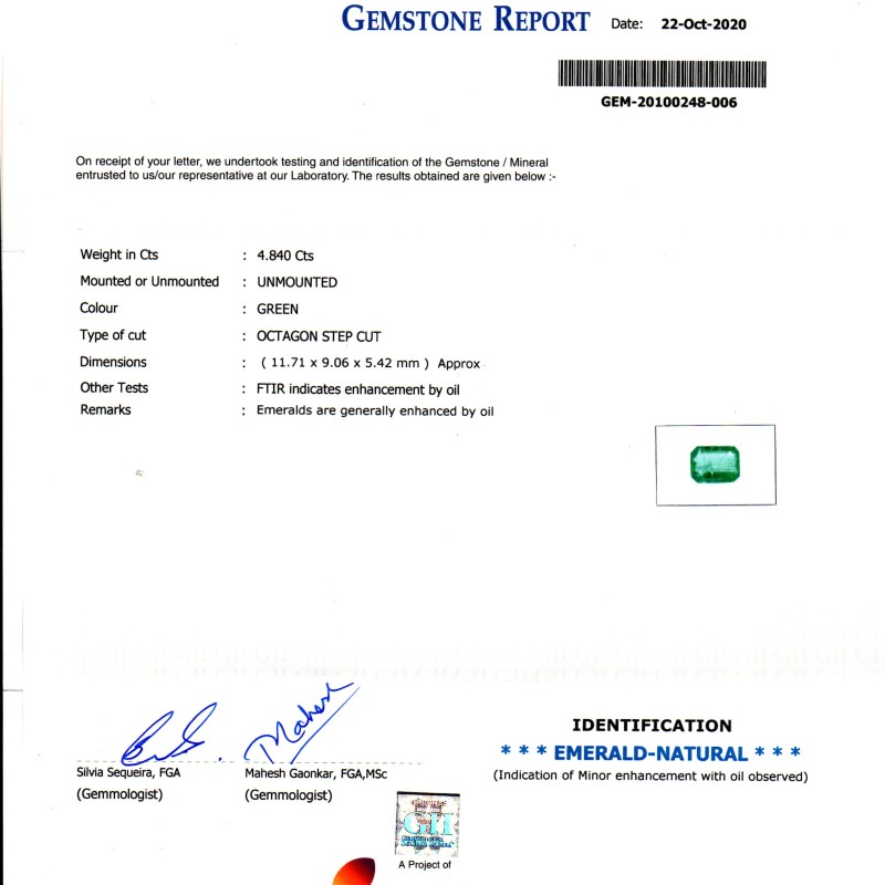 4.84 Ct GII Certified Untreated Natural Zambian Emerald Gems AAA 4.84 Ct GII Certified Untreated Natural Zambian Emerald Gems AAA