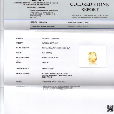 4.84 Ct IGI Certified Unheated Untreted Natural Ceylon Yellow Sapphire 4.84 Ct IGI Certified Unheated Untreted Natural Ceylon Yellow Sapphire