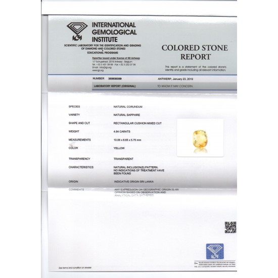 4.84 Ct IGI Certified Unheated Untreted Natural Ceylon Yellow Sapphire