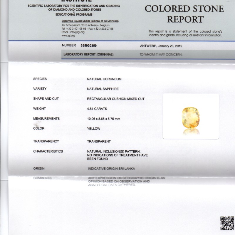 4.84 Ct IGI Certified Unheated Untreted Natural Ceylon Yellow Sapphire 4.84 Ct IGI Certified Unheated Untreted Natural Ceylon Yellow Sapphire