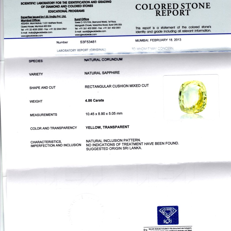 4.86 Ct IGI Certified Unheated Untreated Natural Ceylon Yellow Sapphire 4.86 Ct IGI Certified Unheated Untreated Natural Ceylon Yellow Sapphire
