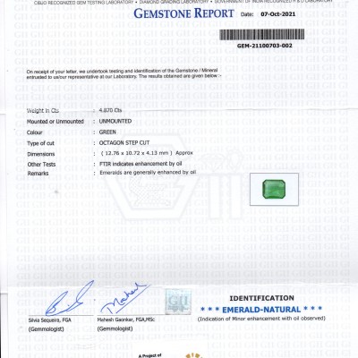 4.87 Ct GII Certified Untreated Natural Zambian Emerald Gemstones 4.87 Ct GII Certified Untreated Natural Zambian Emerald Gemstones
