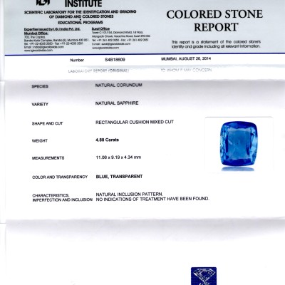 4.88 Ct IGI Certified Unheated Untreated Natural Ceylon Blue Sapphire 4.88 Ct IGI Certified Unheated Untreated Natural Ceylon Blue Sapphire