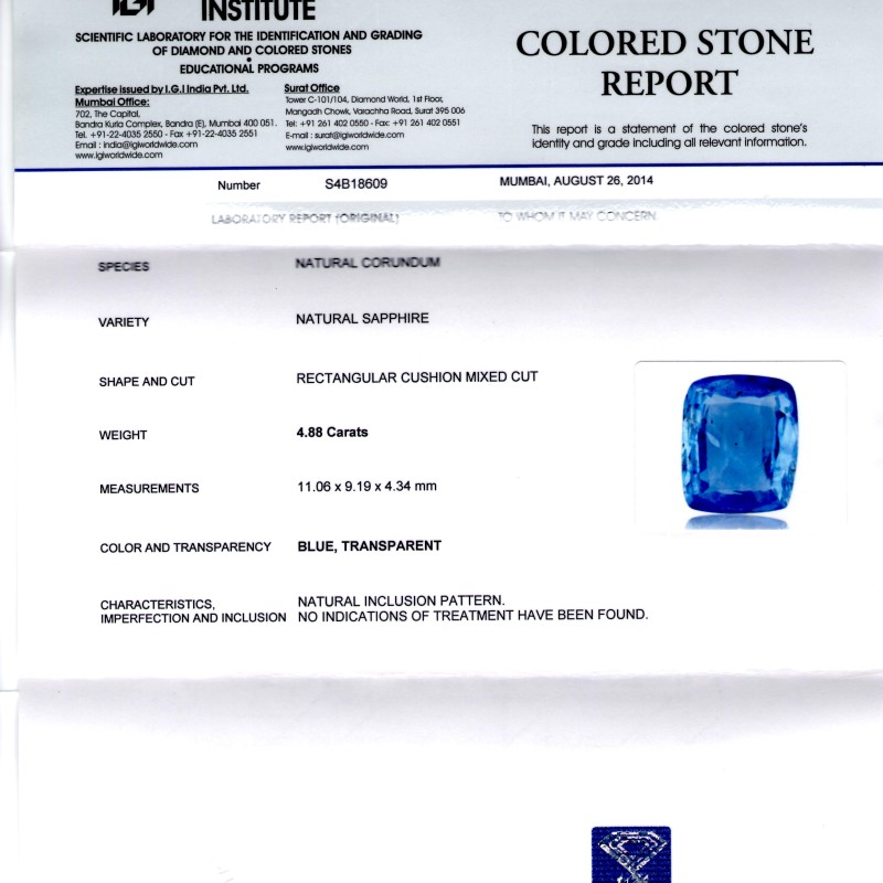 4.88 Ct IGI Certified Unheated Untreated Natural Ceylon Blue Sapphire 4.88 Ct IGI Certified Unheated Untreated Natural Ceylon Blue Sapphire