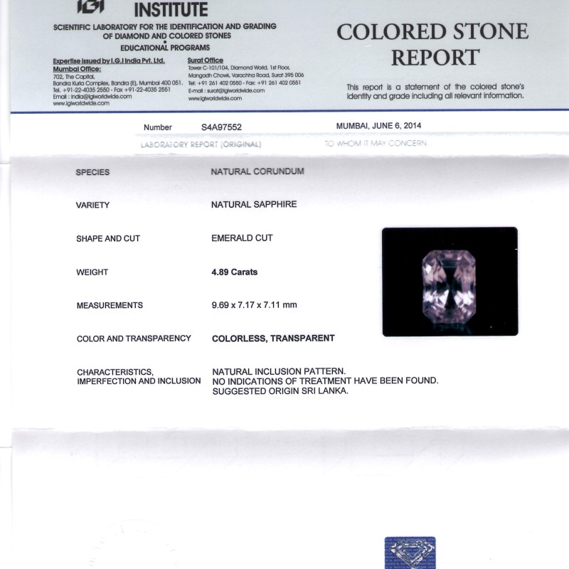 4.89 Ct IGI Certified Unheated Untreated Natural Premium White Sapphire AAA 4.89 Ct IGI Certified Unheated Untreated Natural Premium White Sapphire AAA