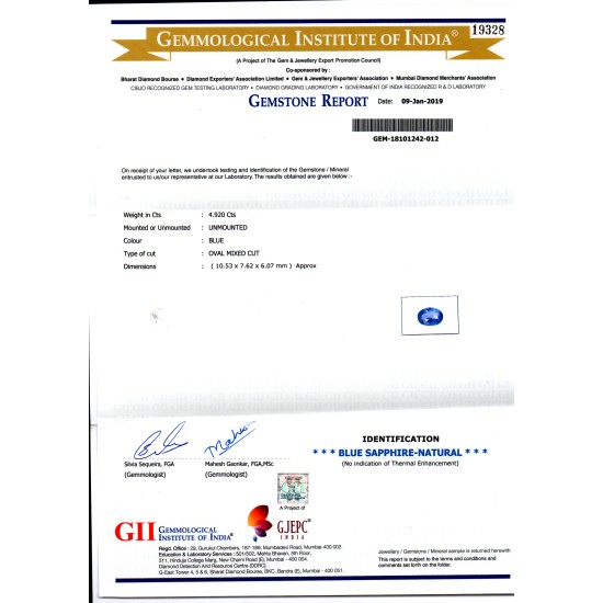 4.92 Ct GII Certified Unheated Untreated Natural Ceylon Blue Sapphire AA