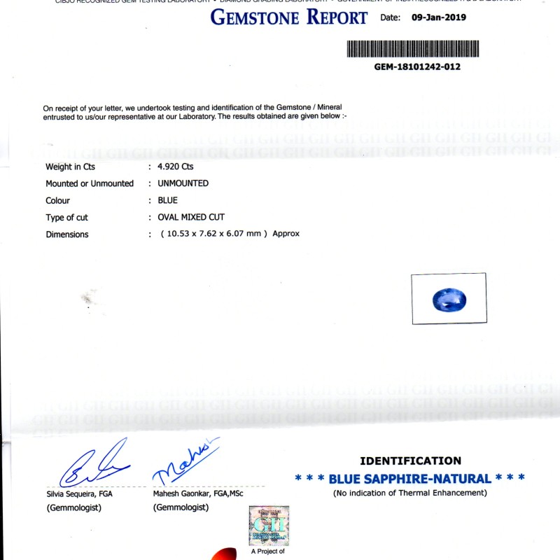 4.92 Ct GII Certified Unheated Untreated Natural Ceylon Blue Sapphire AA