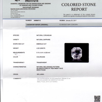 4.93 Ct IGI Certified Unheated Untreated Natural Ceylon White Sapphire AA 4.93 Ct IGI Certified Unheated Untreated Natural Ceylon White Sapphire AA