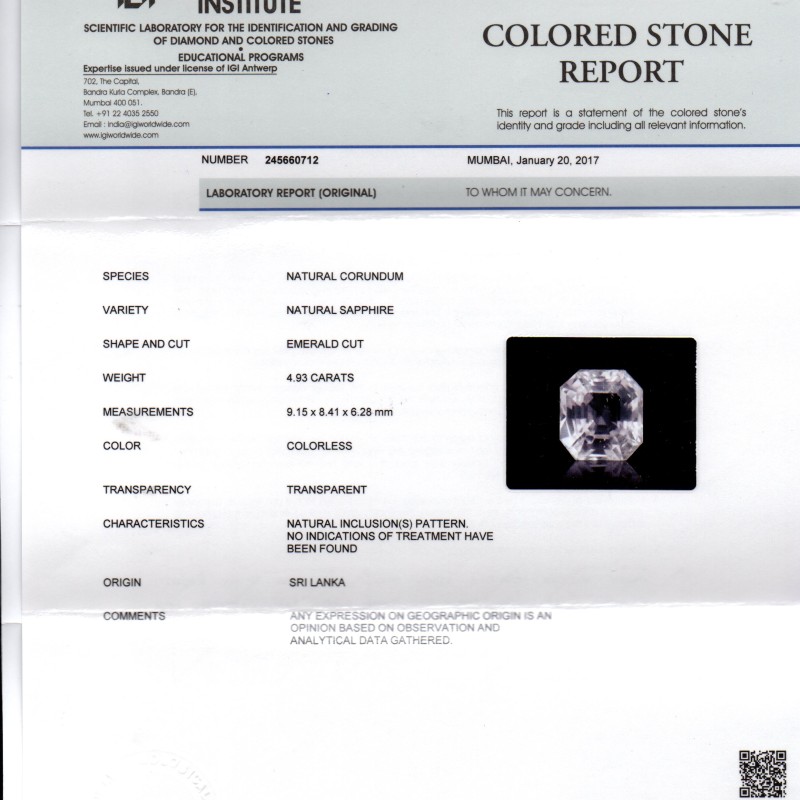 4.93 Ct IGI Certified Unheated Untreated Natural Ceylon White Sapphire AA 4.93 Ct IGI Certified Unheated Untreated Natural Ceylon White Sapphire AA