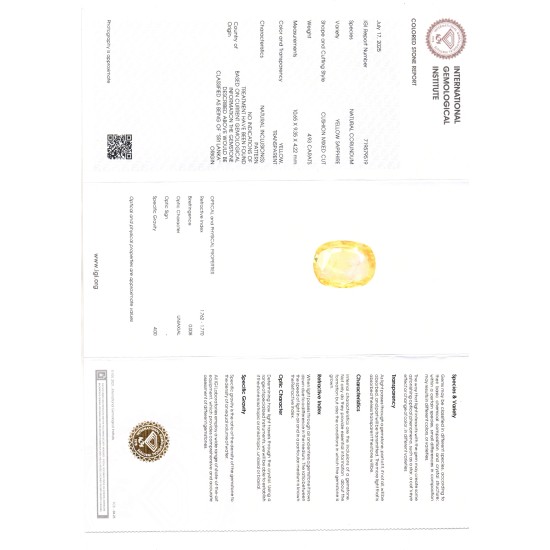 4.93 Ct IGI Certified Unheated Untreated Natural Ceylon Yellow Sapphire 4.93 Ct IGI Certified Unheated Untreated Natural Ceylon Yellow Sapphire