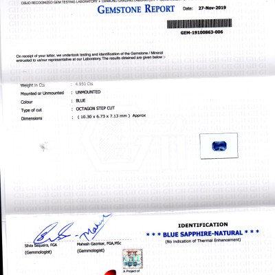 4.95 Ct GII Certified Unheated Untreated Natural Ceylon Blue Sapphire AA 4.95 Ct GII Certified Unheated Untreated Natural Ceylon Blue Sapphire AA