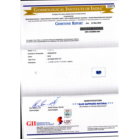 4.95 Ct GII Certified Unheated Untreated Natural Ceylon Blue Sapphire AA