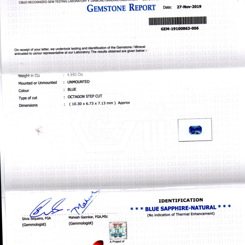 4.95 Ct GII Certified Unheated Untreated Natural Ceylon Blue Sapphire AA 4.95 Ct GII Certified Unheated Untreated Natural Ceylon Blue Sapphire AA
