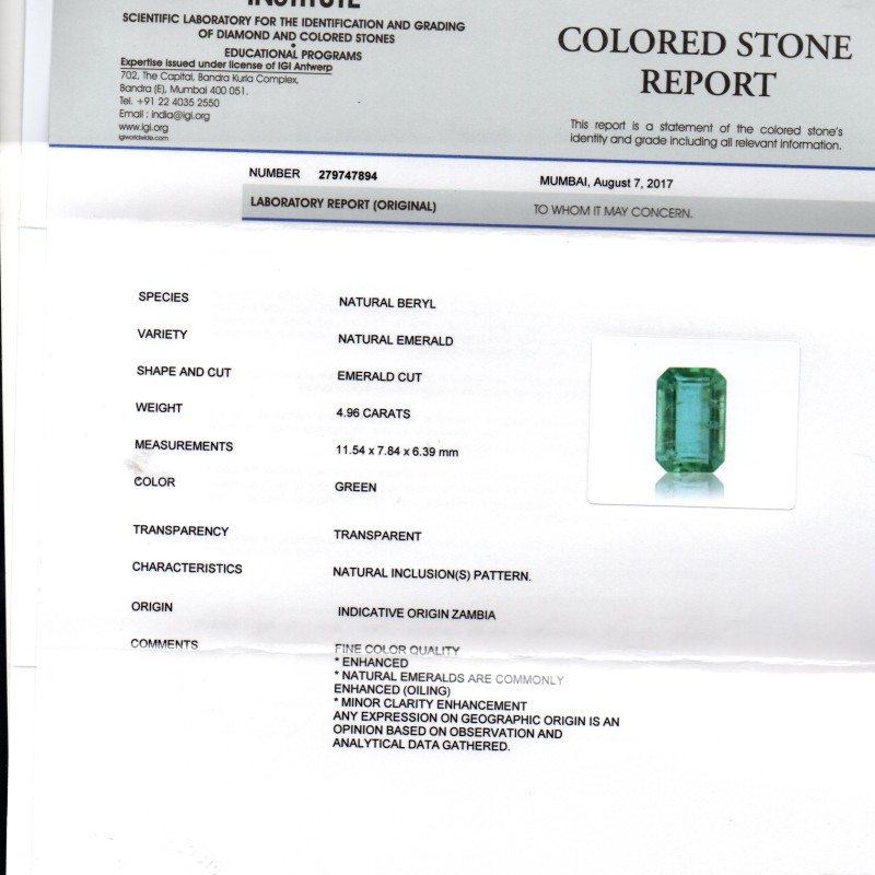 4.96 Ct Untreated Natural Zambian Emerald Gemstone Panna AAAAA
