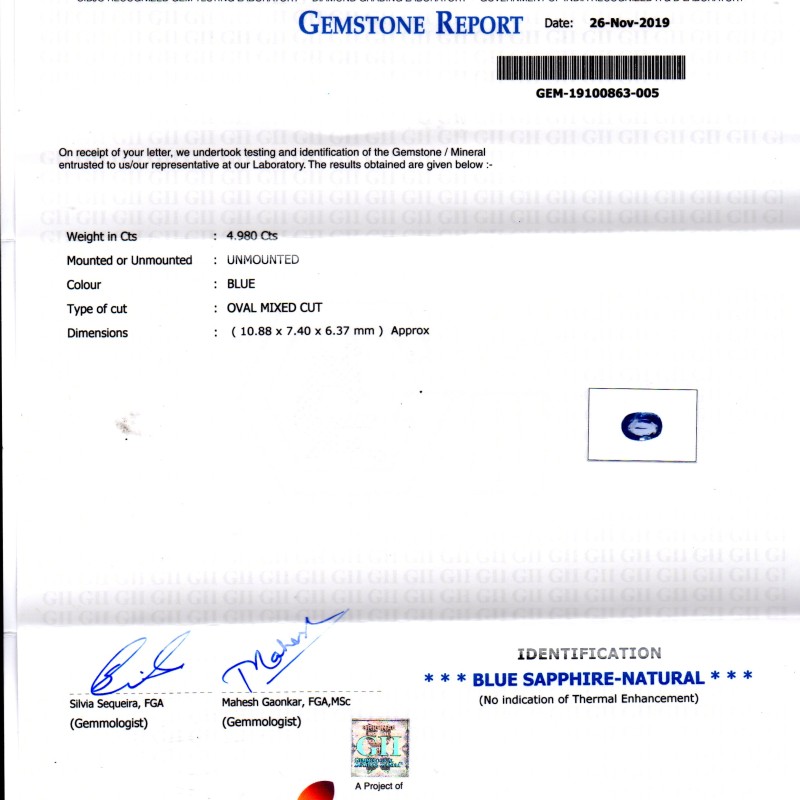 4.98 Ct GII Certified Unheated Untreated Natural Ceylon Blue Sapphire 4.98 Ct GII Certified Unheated Untreated Natural Ceylon Blue Sapphire