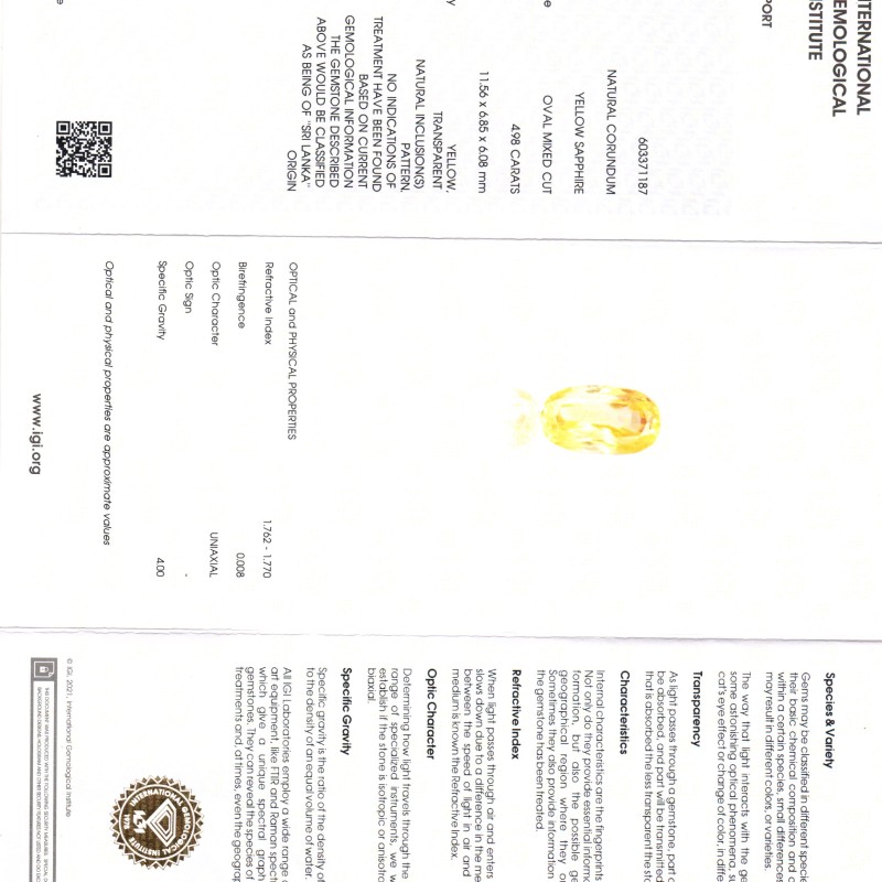 4.98 Ct IGI Certified Unheated Untreated Natural Ceylon Yellow Sapphire 4.98 Ct IGI Certified Unheated Untreated Natural Ceylon Yellow Sapphire