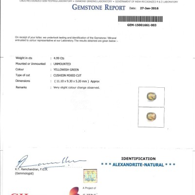 4.99 Ct Untreated Natural Certified Colour Changing Alexandrite 4.99 Ct Untreated Natural Certified Colour Changing Alexandrite