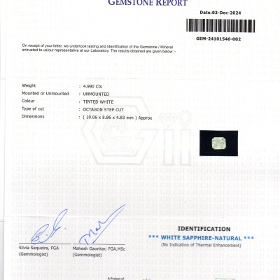 4.99 Ct GII Certified Unheated Untreated Natural Ceylon White Sapphire AAA 4.99 Ct GII Certified Unheated Untreated Natural Ceylon White Sapphire AAA