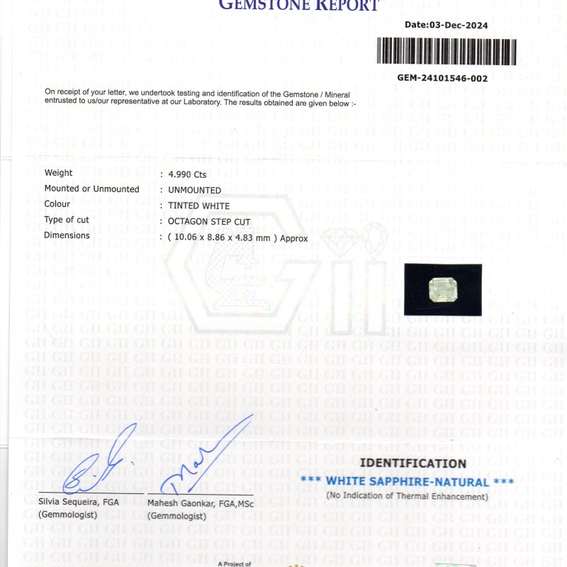 4.99 Ct GII Certified Unheated Untreated Natural Ceylon White Sapphire AAA 4.99 Ct GII Certified Unheated Untreated Natural Ceylon White Sapphire AAA