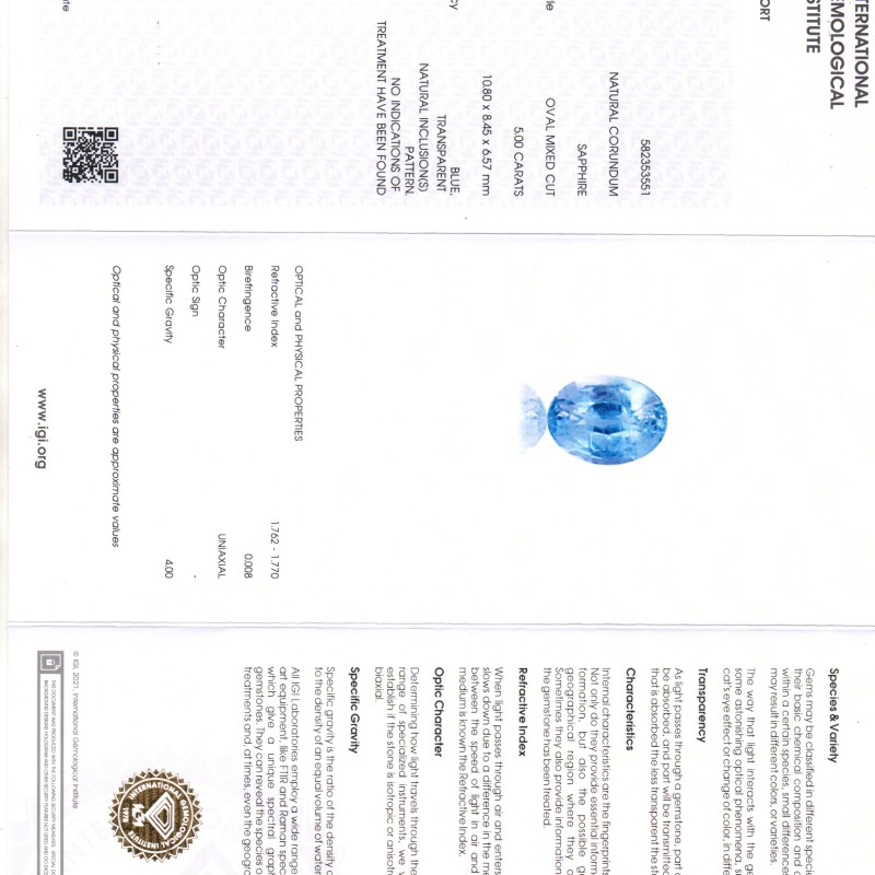 5.00 Ct IGI Certified Unheated Untreated Natural Ceylon Blue Sapphire 5.00 Ct IGI Certified Unheated Untreated Natural Ceylon Blue Sapphire