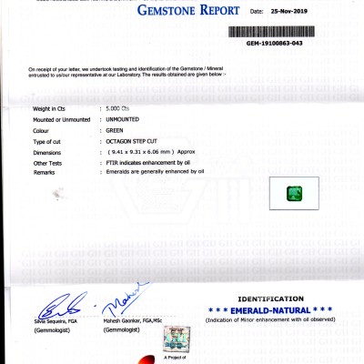 5.00 Ct GII Certified Untreated Natural Zambian Emerald Gems AAA 5.00 Ct GII Certified Untreated Natural Zambian Emerald Gems AAA