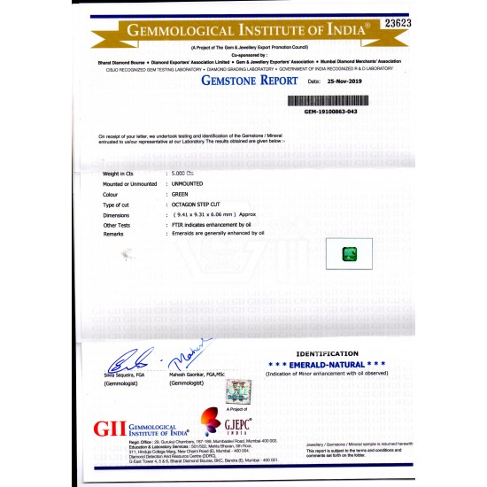 5.00 Ct GII Certified Untreated Natural Zambian Emerald Gems AAA