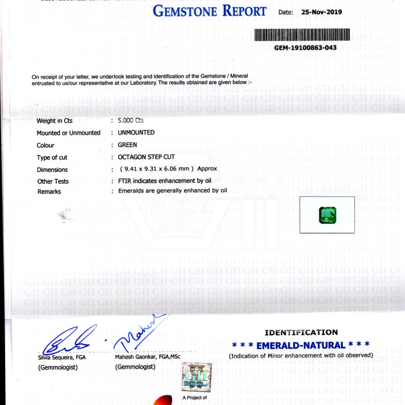 5.00 Ct GII Certified Untreated Natural Zambian Emerald Gems AAA 5.00 Ct GII Certified Untreated Natural Zambian Emerald Gems AAA
